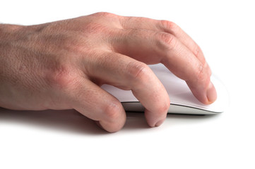 closeup of hand of man on white mouse on white background