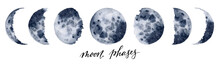 Watercolor Moon Phases. Hand Painted Various Phases Isolated On White Background. Hand Drawn Modern Space Design For Print.