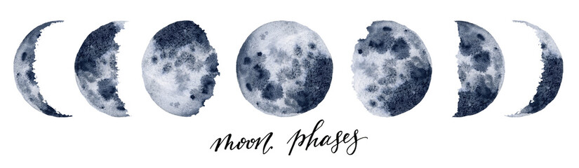 Watercolor moon phases. Hand painted various phases isolated on white background. Hand drawn modern space design for print.