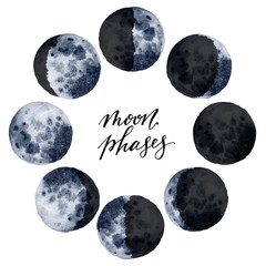 watercolor various moon phases isolated on white background. hand drawn modern space design for prin