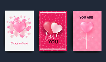 Wall Mural - A set of cards for the celebration of Valentine s Day. Bright 3D hearts with inscriptions. A place for your text.Vector