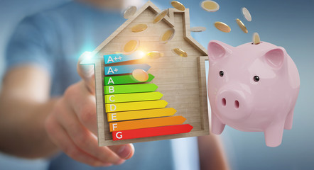 Wall Mural - businessman saving money with good energy chart rating 3d rendering
