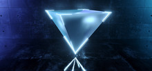 Elegant Sci Fi Modern Floating Frosted Glass Pyramid With Glowing Neon Led Edges Blue Color In Dark Concrete Glossy Grunge Reflective Empty Room 3D Rendering