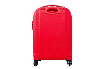 Canvas Print - A red travel suitcase on wheels, isolated on a white background. Travel concept, packing up before departure. Preparing for travel, going on vacation, break, rest.