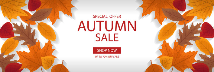 Wall Mural - autumn sale banner template with lettering. background layout decorate with red, yellow and brown le