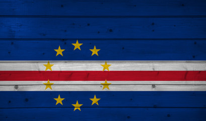 Wall Mural - Flag of Cape Verde on wooden background, surface. Wooden wall, planks. National flag