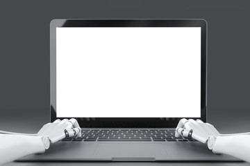 Hands of the robot typing on the keyboard of the laptop in front of an empty screen 3D illustration