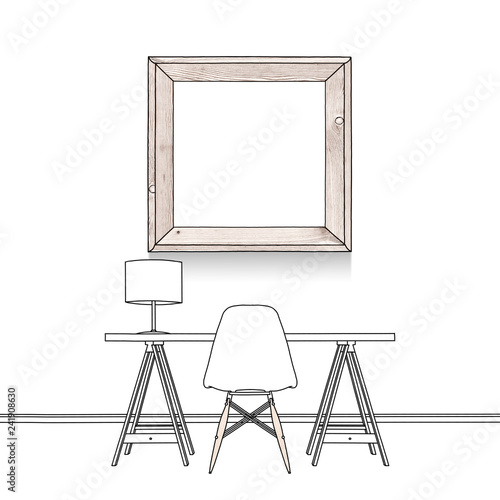 Sketch Illustration Drawing Of Desktop And Chair Over Blank Square