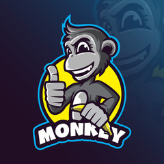 Wall Mural - monkey mascot logo design vector with modern illustration concept style for badge, emblem and tshirt printing. smart monkey illustration with a banana in hand.