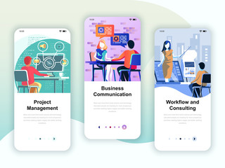 Set of onboarding screens user interface kit for Management, Communication, Workflow, mobile app templates concept. Modern UX, UI screen for mobile or responsive web site. Vector illustration.