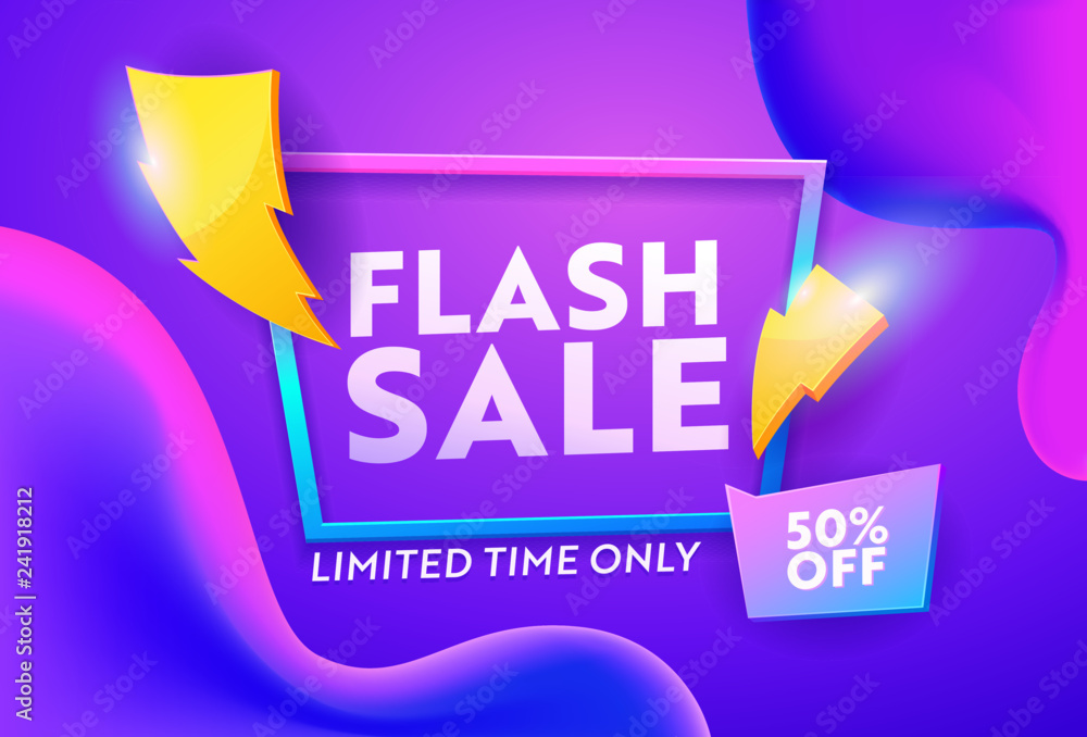 Flash Sale Purple Gradient Horizontal Poster. Online Ecommerce Discount Promotion Typography Template. Lightning Symbol on Closeout Colorful Badge Banner Design Vector Illustration - obrazy, fototapety, plakaty 
