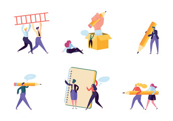 Wall Mural - creative copywriter people business character set. writer team draw pencil in notebook. hipster free