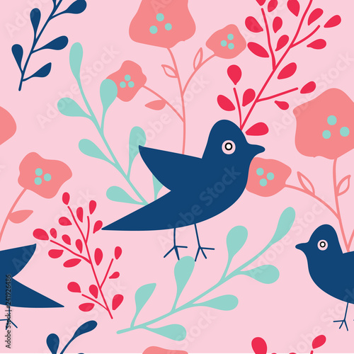 Fotografie, Obraz Blue pink and coral hand drawn flowers and birds seamless pattern