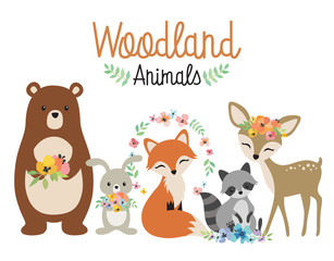 Poster - Cute woodland forest animals vector illustration including bear, bunny rabbit, fox, raccoon, and deer.