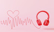 Red headphone with sound wave cable heart on pink background. Valentine love song concept. 3d rendering