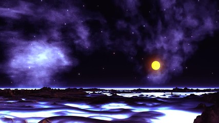 Wall Mural - Sunset and Star Fog. In the dark starry sky flare starry fog. Bright yellow sun sets over the horizon. Thick white glowing fog lies in the lowlands. Dark mountains are flooded with purple light.