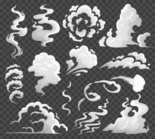 Smoke Clouds. Comic Steam Cloud, Fume Eddy And Vapor Flow. Dust Clouds Isolated Cartoon Vector Illustration