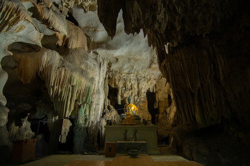 Stalactite rock formations in Lawa Cave. Kanchanaburi province, Thailand.