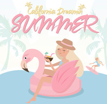 Summer Poster With Relaxing Girl On The Beach In Pastel Color. Editable Vector Illustration