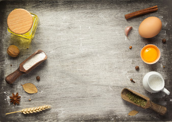 Poster - bakery and bread ingredients on wood