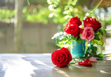 Select Focus, Red Rose Flower , Colourful Roses In Vase On Wooden Table, Outside With Sunrise In Morning - Image