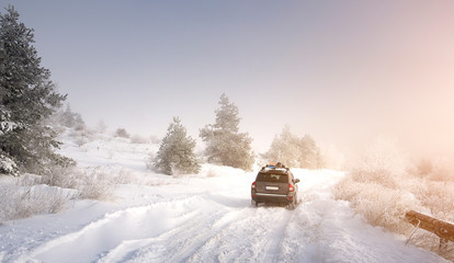 Beautiful scenic view of empty country road drive with snow covered forest landscape while snowing in winter season. Car driving and crossing the mountain.  With sunrise sun