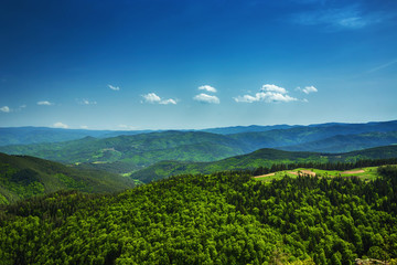 Wall Mural - beautiful mountain landscape, with mountain peaks covered with forest and a cloudy sky. bulgarian mo