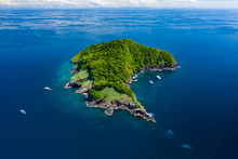 Aerial Drone View Of A Remote, Beautiful Tropical Island Surrounded By Coral Reef (Ko Bon, Thailand)
