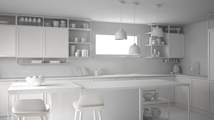 Total white project of kitchen with wooden details and parquet floor, modern pendant lamps, minimalistic interior design concept idea, island with stools and accessories