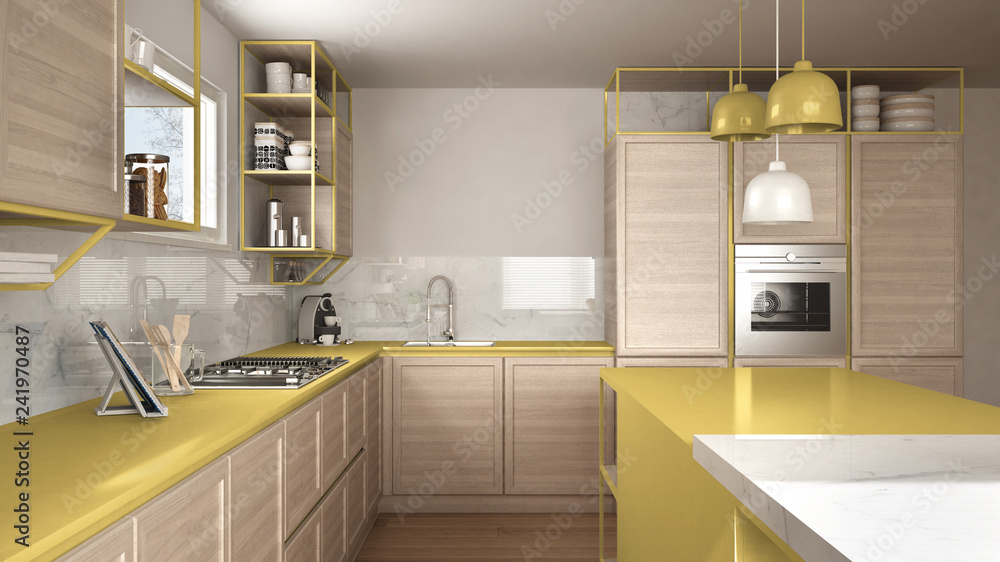 Modern white and yellow kitchen with wooden details and parquet floor ...