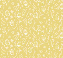 Seamless Pattern Sketches Of Easter Eggs And Flowers On A Yellow Background.