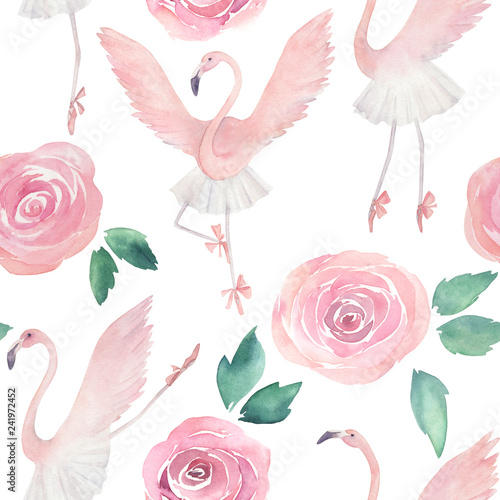 Flamingo dancing ballet. Hand drawn illustration. Watercolor abstract seamles...