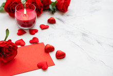 Valentines Day Romantic Background - Red Roses, Candle And Hearts