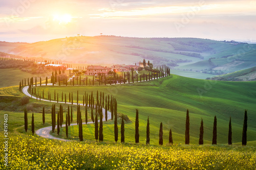Fotografía Typical landscape in Tuscany - winding road lined with cypress trees in the green meadows and fields