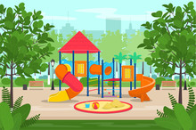 Kids Playground With Slides And Tube In The Park. Cartoon Vector Illustration. 