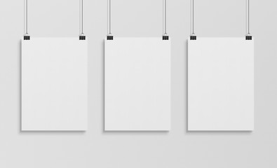 three white poster hanging mockup 3d rendering