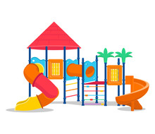 Kids Playground With Slides And Tube. Cartoon Vector Illustration.   