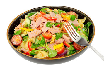 Wall Mural - Ham and pasta salad meal isolated on a white background