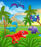 Fototapeta Dinusie - A dinosaur cartoon cute animal background prehistoric landscape scene.