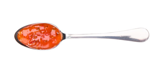 Wall Mural - Sweet chili sauce in small metal spoon  isolated on white background,top view