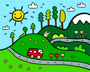 Poster - Happy camping landscape hand drawn illustration with colorful elements