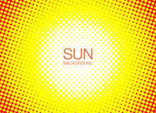 Sun Orange Halftone Circles Horizontal Background. Sunny Yellow Frame Using Halftone Dots Texture. Vector Illustration.