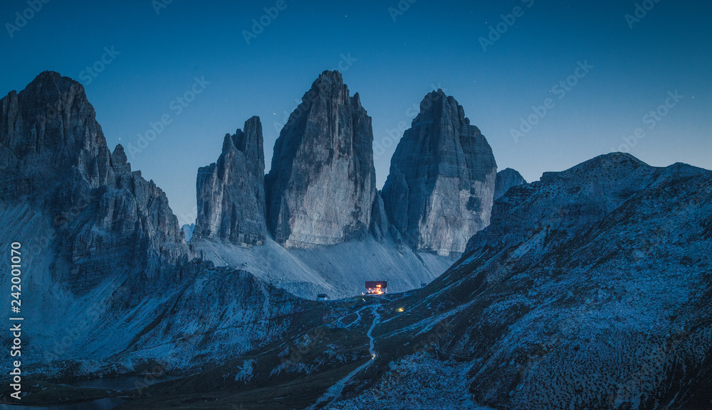 Tre Cime di Lavaredo mountain peaks in the Dolomites at night, South Tyrol, Italy - obrazy, fototapety, plakaty 