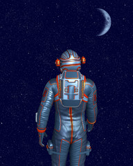 Wall Mural - Astronaut standing and looking at moon and outer space. 3D rendering.