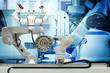 Industrial robotic gripping and smart robot working on smart factory, on machine blue tone color background, industry 4.0 and technology, smart robotic working on teamwork concept.