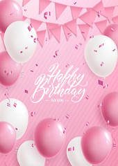 Happy Birthday greeting or invitation card with balloons, flags and foil confetti