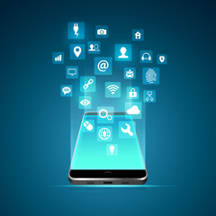 concept of mobile application technology, graphic of realistic cellphone with technology icons