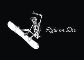 SKELETON SNOWBOARDER RIDE OR DIE BANNER BLACK BACKGROUND