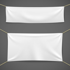 Wall Mural - White textile banners. Blank fabric flag hanging canvas sale ribbon horizontal template advertising cloth banner set