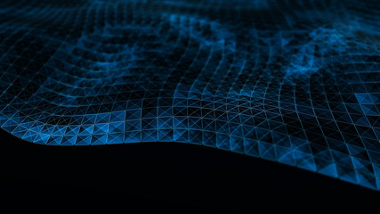 Poster - digital data visualization. cybernetic particles. low poly mesh. flow. wave. abstract polygonal low 